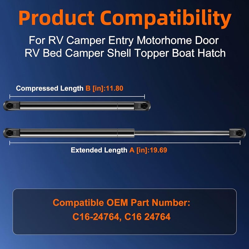 Euplokeer Qty (2) 125719 sx200p1-11-dc 20in 13lb/58N Gas Strut Spring Shock Lift Support for RV Camper Entry Motorhome Door Bed Shell Boat Parts Accessories Replace sx200p-10 C16-24764 lgp6-200-10 - Image 2